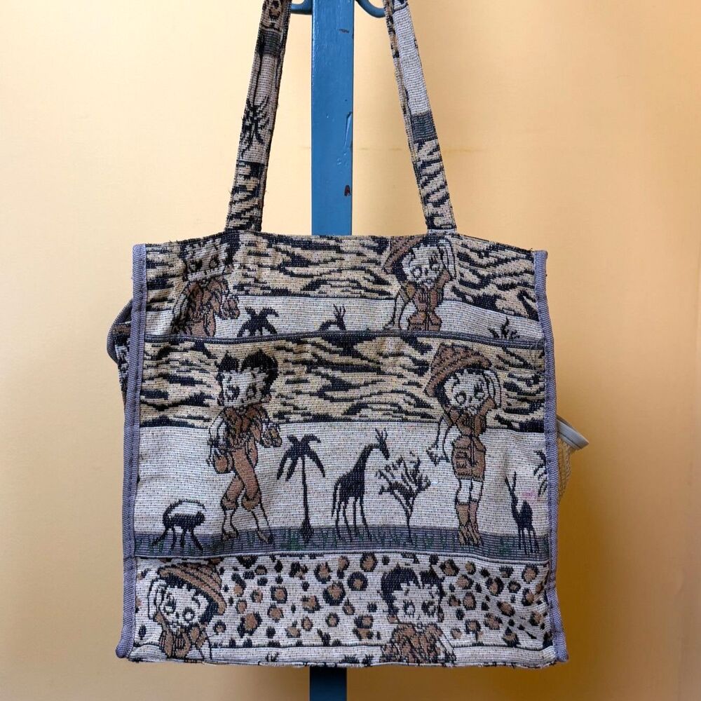 Rare Vintage 90s Betty Boop Safari Tapestry Tote Bag Woven Jungle Cheetah Print